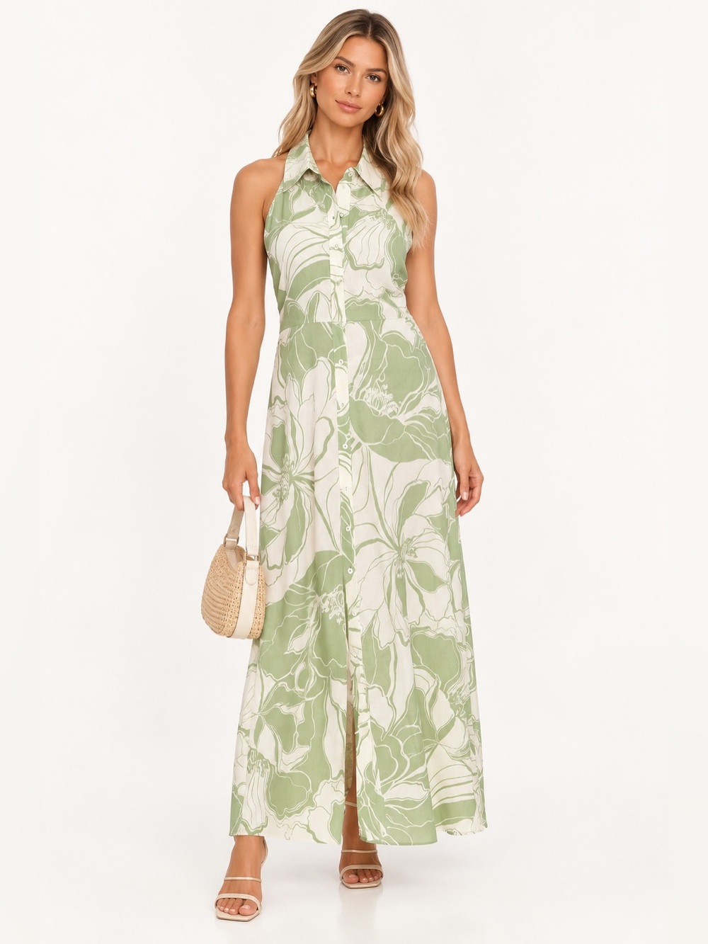 180.NWOT Floral Green and Cream Sleeveless Dress